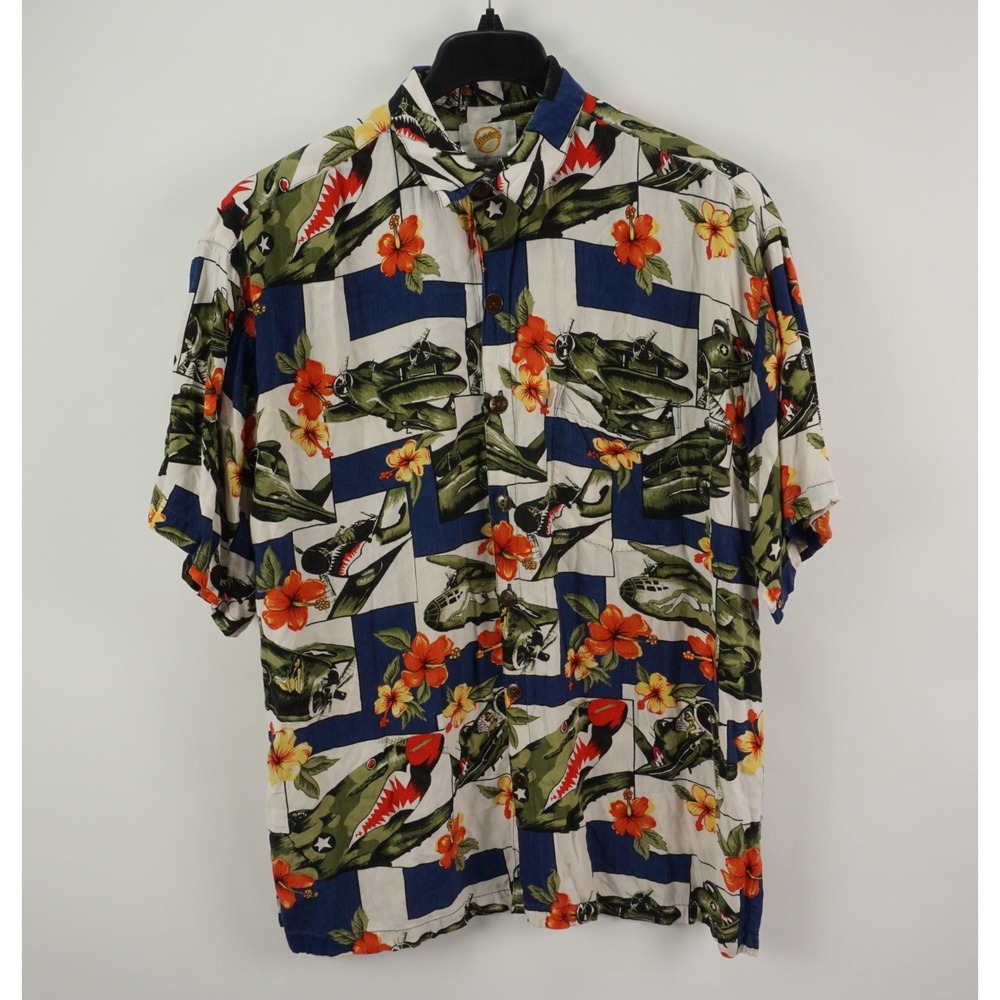 Kahala Suns Men's XL Short Sleeve WW2 Era Fighter Jet Plane Print Hawaiian Shirt